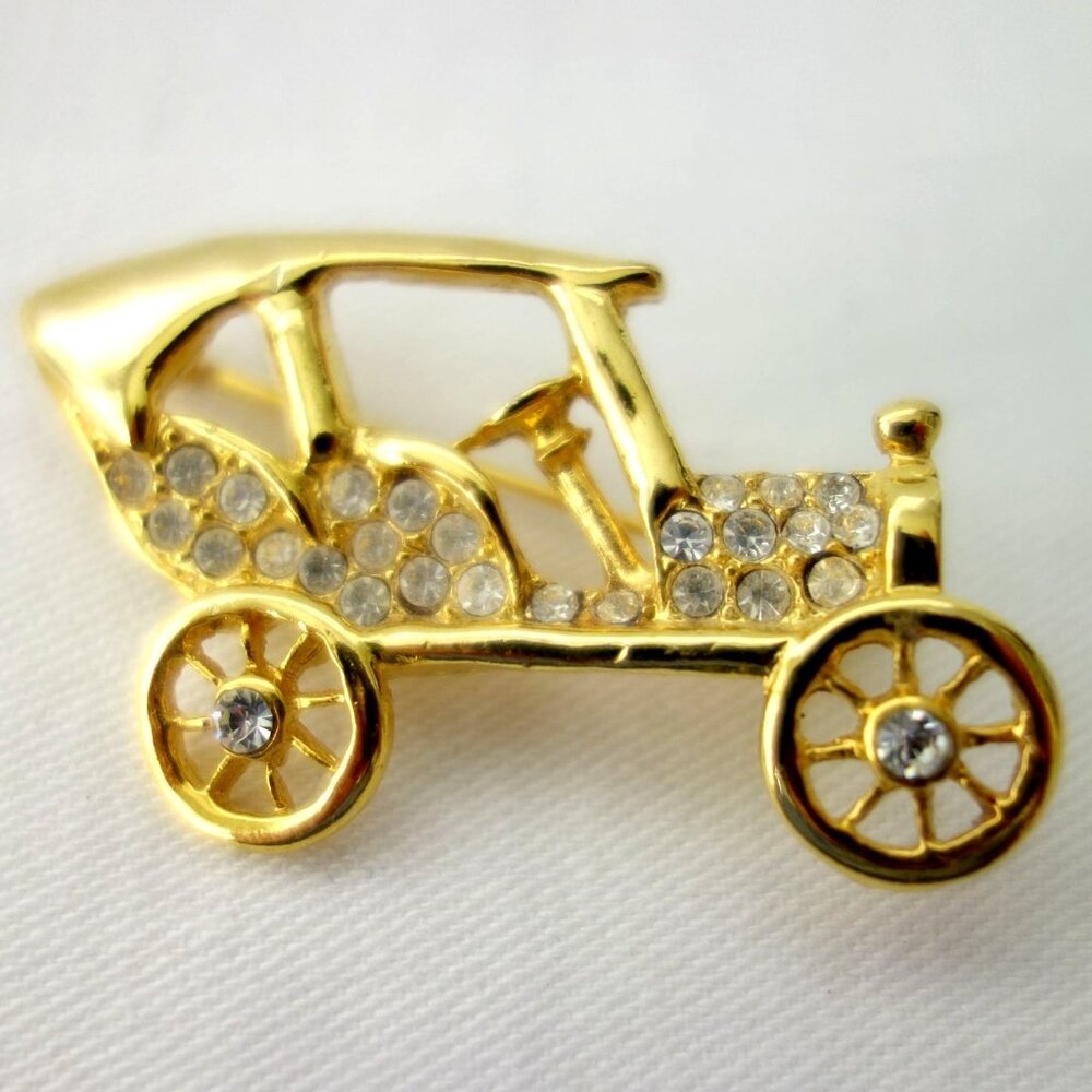 Vintage Gold Tone‎ w/ Rhinestones Model T Vehicle Car Brooch Pin